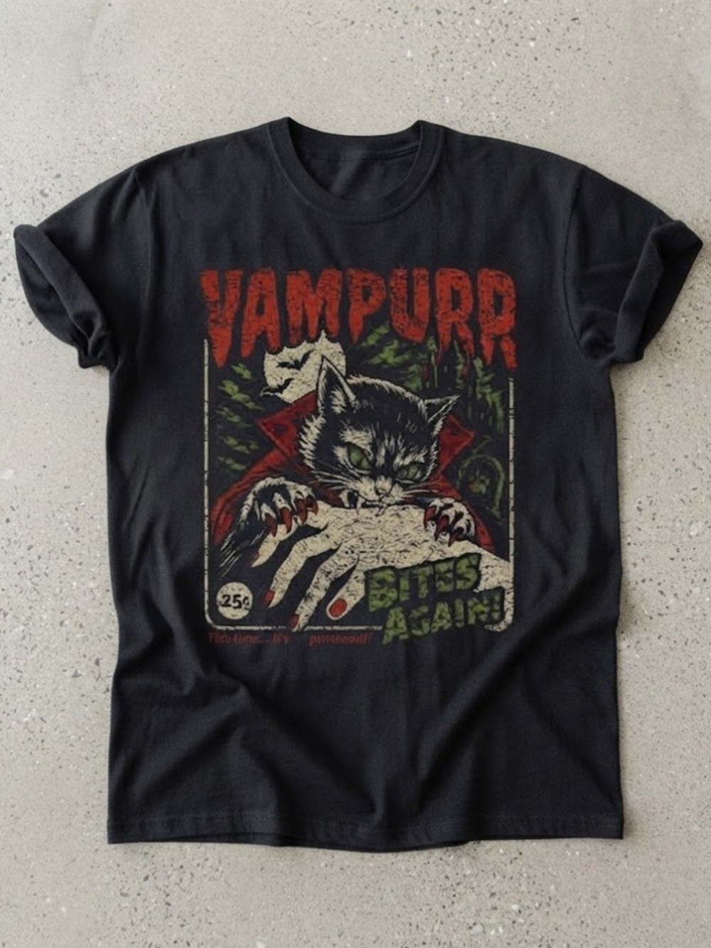 Gildan Black VAMPURR Vampire Cat Graphic Tee with Red and Green Print
